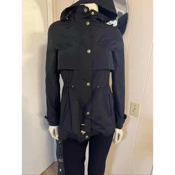 Cole Haan Black Classic Raincoat Zip & Snap w/ Hood XS - Picture 1 of 7